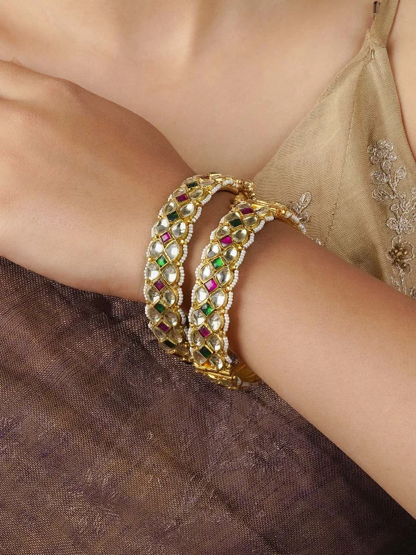 women’s large bangles-Multicolor Gold Plated Jadau Kundan Bangles - MB36M