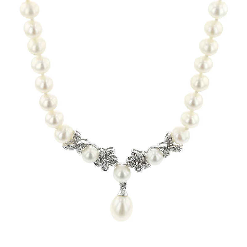 women’s adjustable necklaces-Freshwater Pearls with Diamonds Drop Necklace