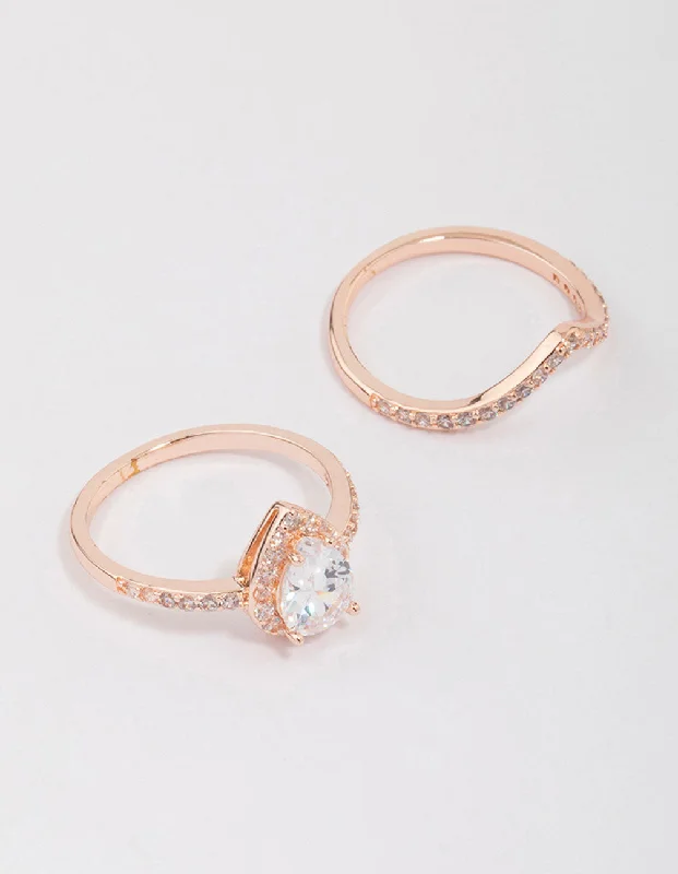 women’s princess-cut rings-Rose Gold Crowned Pear Diamante Ring