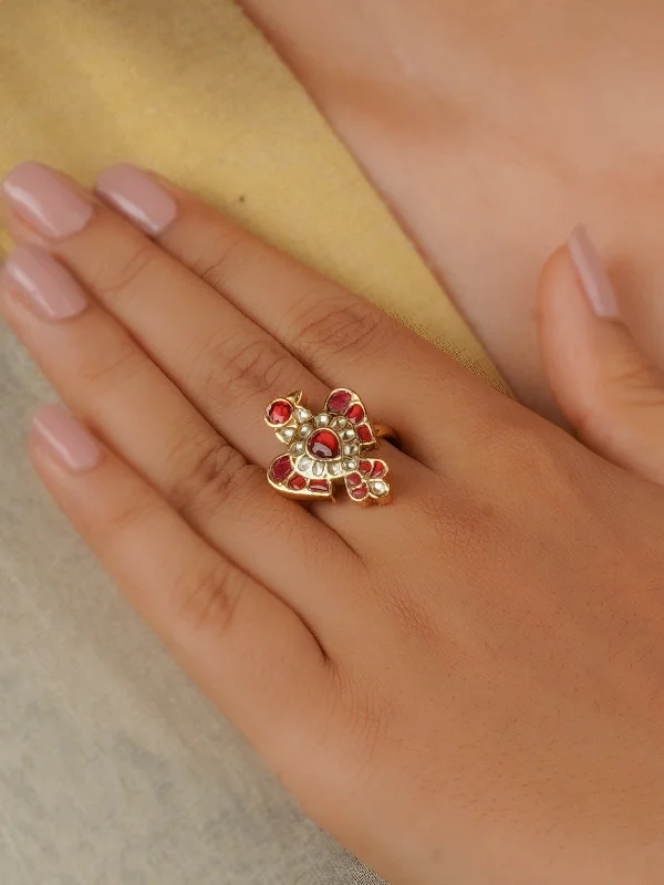 women’s vintage wedding rings-Pink Color Gold Plated Jadau Kundan Ring - MRNG169YP