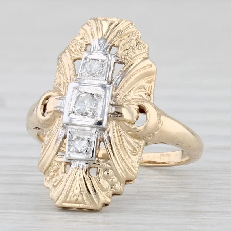 women’s emerald cut engagement rings-Vintage Diamond Ring 14k Yellow Gold Size 4.25 3-Stone