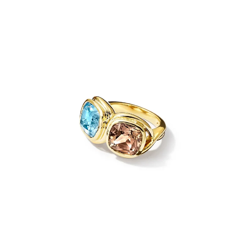 women’s antique rings-Confucius Ring 18ct Yellow Gold - Blue Topaz & Smoky Quartz