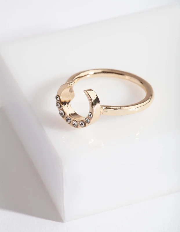 women’s minimalist rings-Gold Horseshoe Diamante Ring