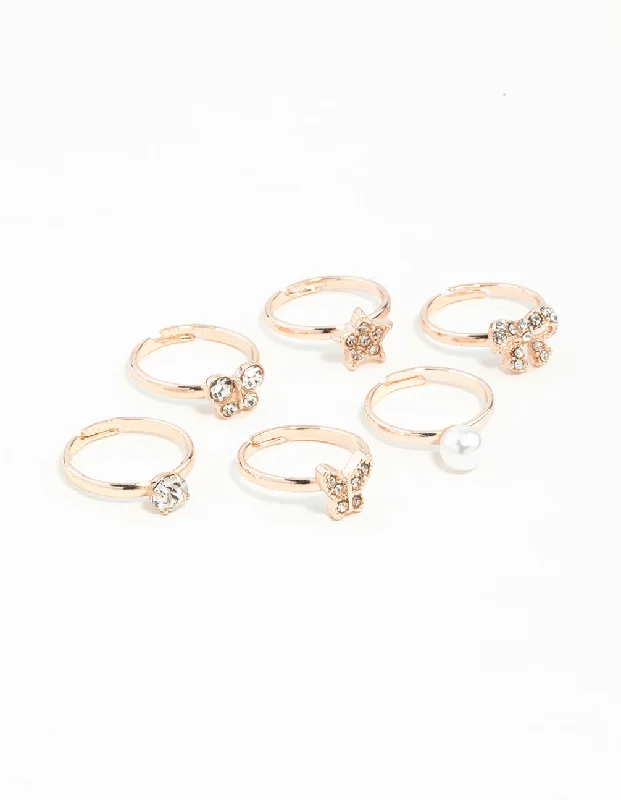 women’s heart-shaped diamond rings-Kids Rose Gold Diamante Pearl Flower & Bow 6-Pack