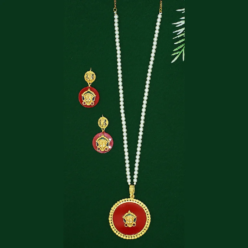 women’s dainty necklaces-Mahavir Dye Gold Plated Pearl Long Necklace Set