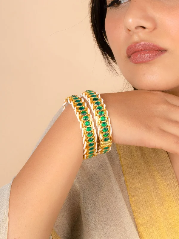 women’s bracelet sets-Green Color Gold Plated Jadau Kundan Bangles - MB181GR