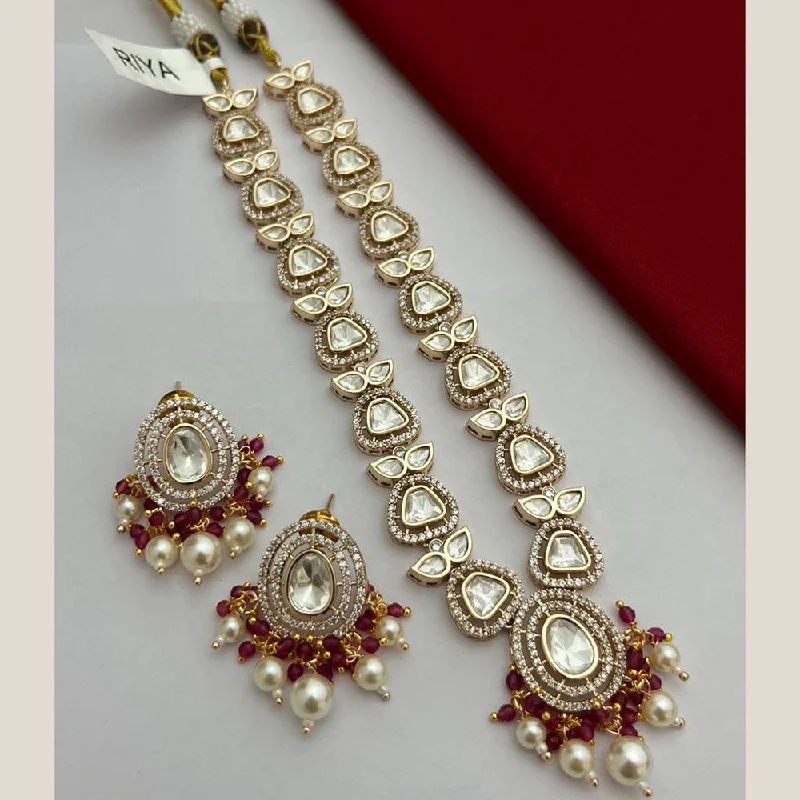 women’s delicate gold necklaces-FS Collection Gold Plated Polki Kundan Stone And Pearls Necklace Set