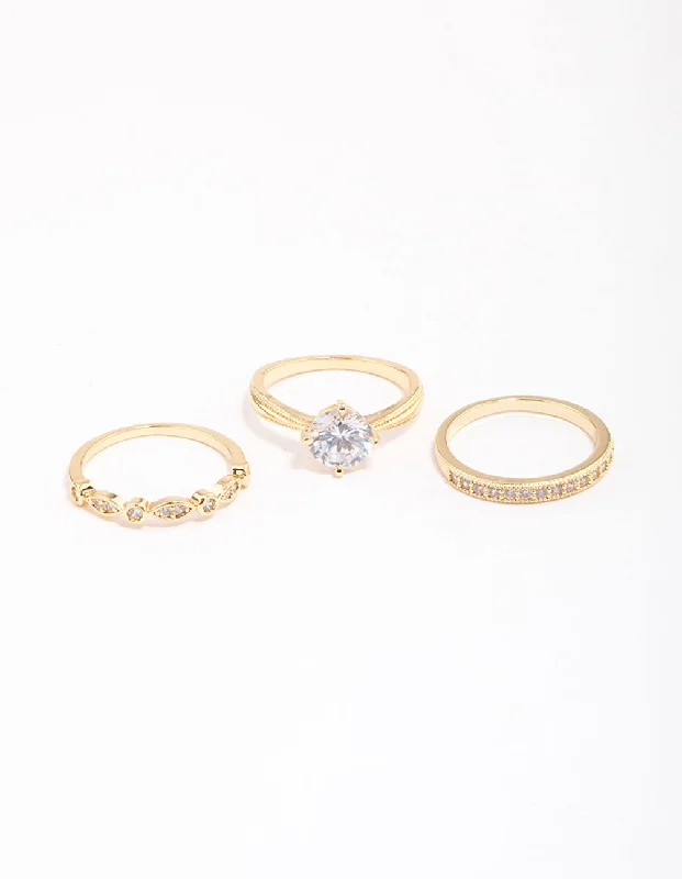 women’s boho rings-Gold Plated Cubic Zirconia Round Stone Ring Pack