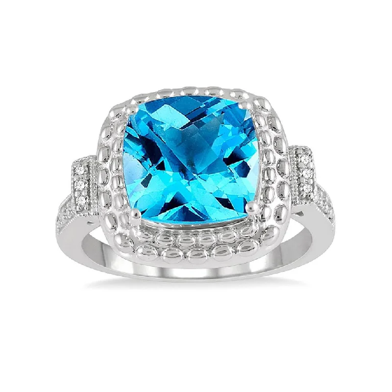 women’s white gold engagement rings-Sterling Silver Cushion Shape Blue Topaz And Diamond Ring