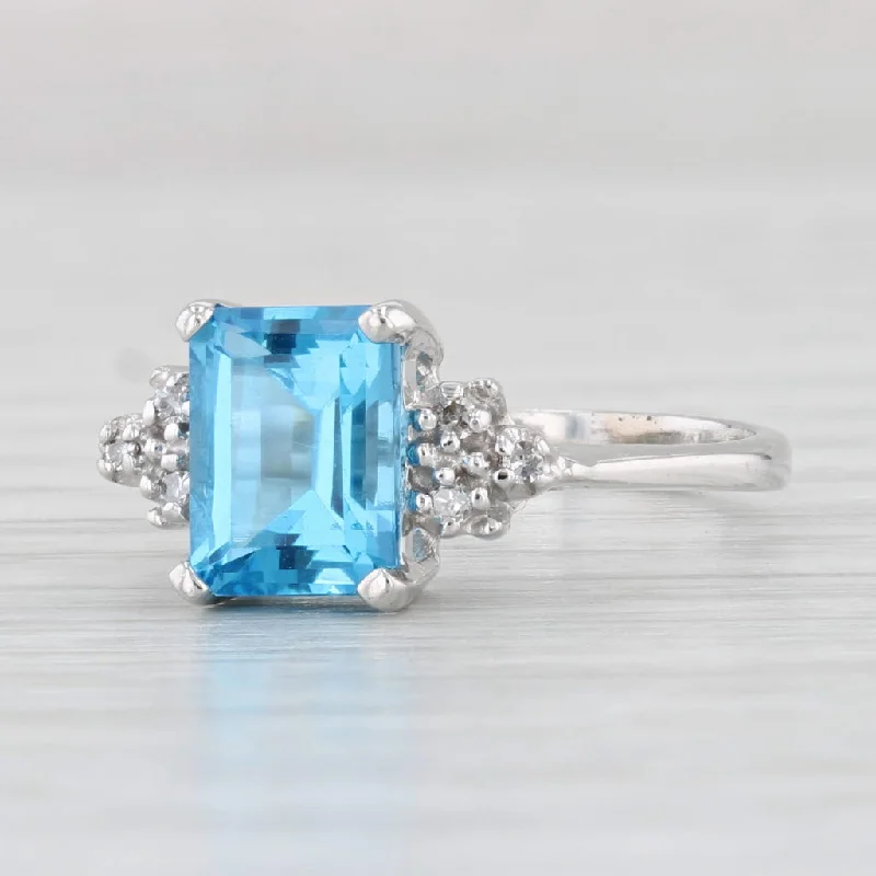 women’s 14k engagement rings-2.08ctw Emerald Cut Blue Topaz Diamond Ring 10k White Gold Size 7