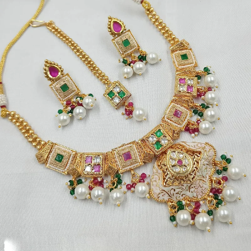 women’s boho necklaces-Padmawati Bangles Gold Plated Polki Kundan Stone And Pearls Meenakari Necklace Set