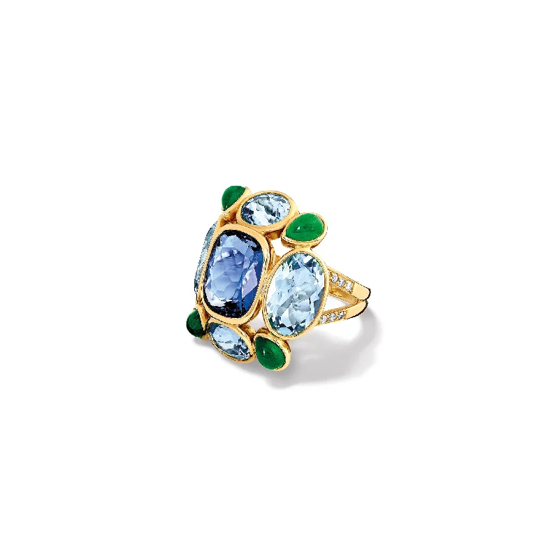 women’s silver engagement rings-Luiza Ring 18ct Yellow Gold - Tanzanite, Aquamarine, Emerald & Diamond