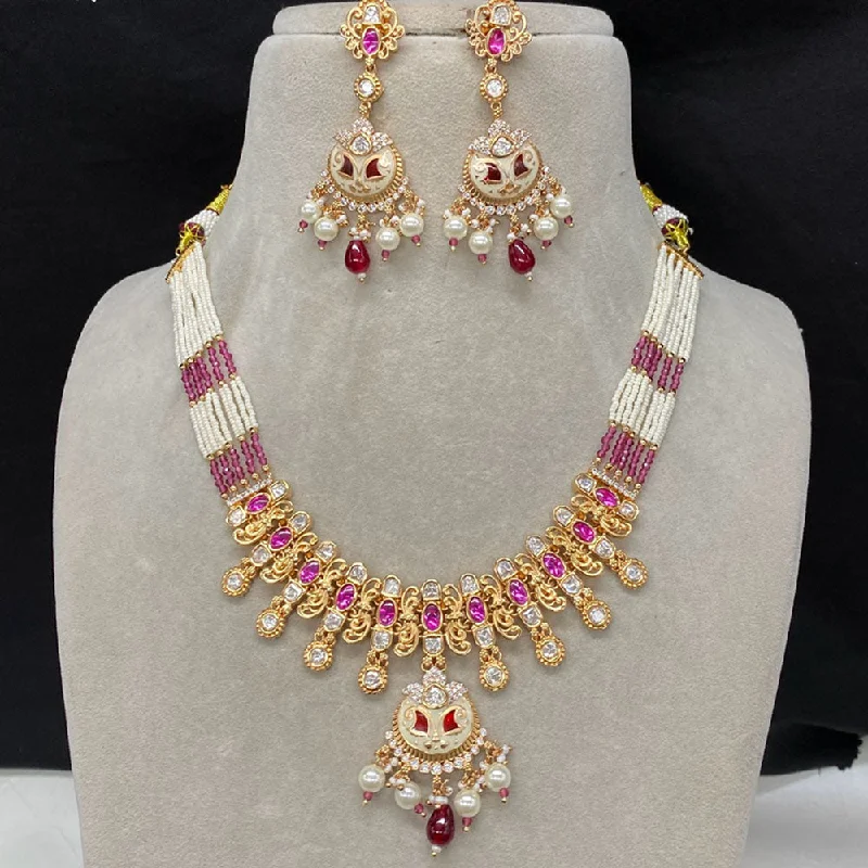 women’s gold-plated necklaces-Amoliya Jewels Brass Polki Kundan Designer Necklace Set