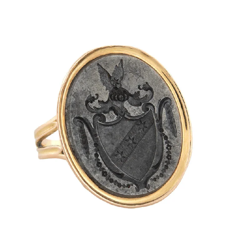 women’s fashion statement rings-Victorian French 18kt/Steel Intaglio Signet Ring 17.5g