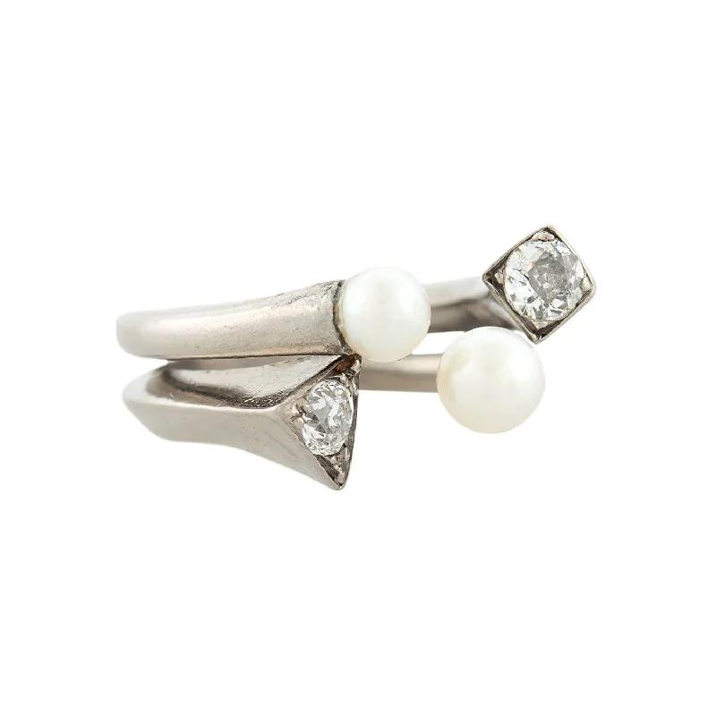 women’s pear-shaped diamond rings-Vintage 18k Mine Cut Diamond + Cultured Pearl Arts + Crafts Ring