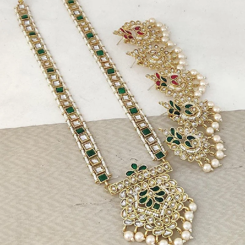 women’s vintage pendant necklaces-Rani Sati Jewels Gold Plated Pearl And Kundan Long Necklace Set