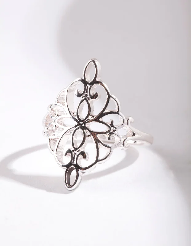 women’s black diamond rings-Silver Metal Filigree Ring