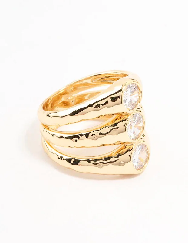 women’s custom-made rings-Gold Plated Textured 3 Row Cubic Zirconia Ring