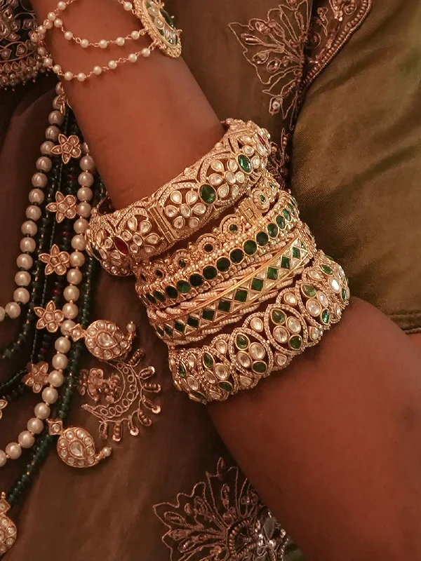 women’s chic bracelets-Green Color Gold Plated Jadau Kundan Bangles - MB147GR