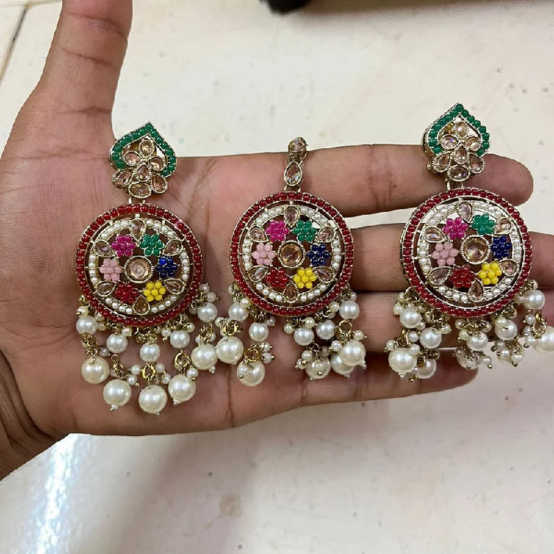 women’s pearl earrings-Shree Chamunda Jewellers Gold Plated Crystal Stone And Pearls Earrings With Maangtikka