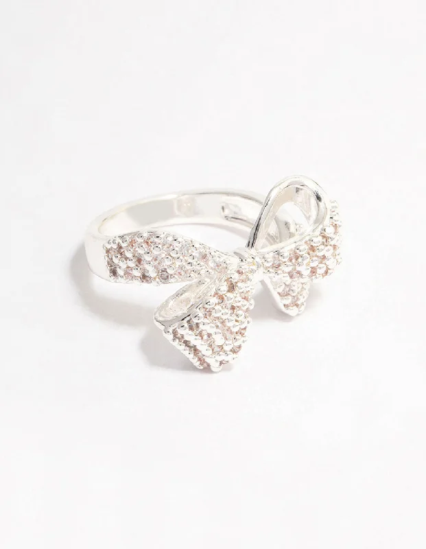 women’s heart-shaped diamond rings-Silver Plated Precious Bow Ring