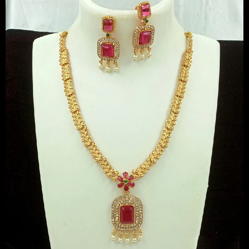 women’s adjustable necklaces-Joyful Jewel Art Matte Gold Plated Kundan Stone And Pearls Long Necklace Set