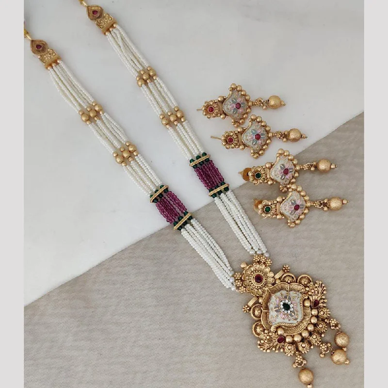 women’s bridal necklaces-Rani Sati Jewels Gold Plated Pota Stone And Pearl Long Necklace Set