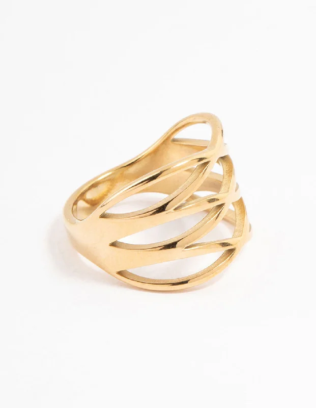 women’s wedding set rings-Waterproof Gold Plated Stainless Steel Crossover Ring