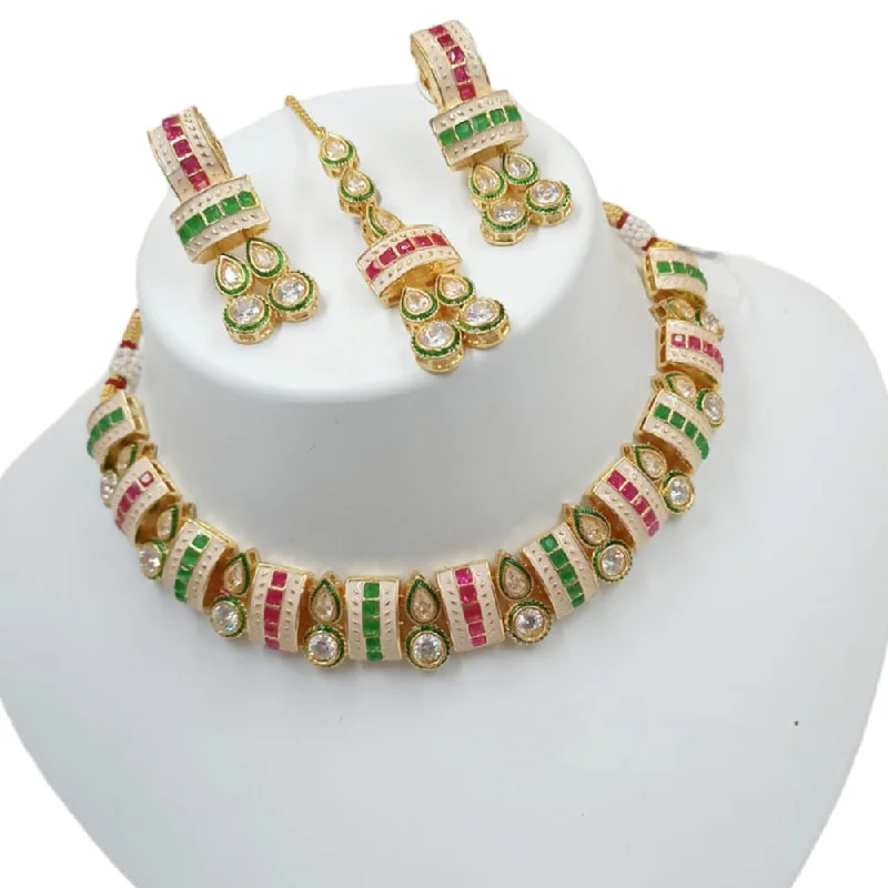 women’s vintage pendant necklaces-Padmawati Bangles Gold Plated Crystal Stone And Meenakari Choker Necklace Set