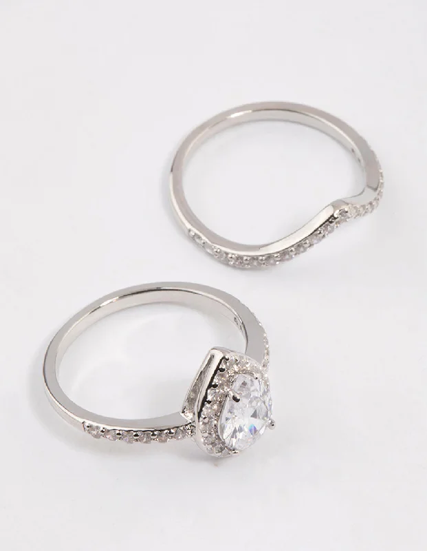 women’s birthstone rings-Silver Crowned Pear Crystal Ring