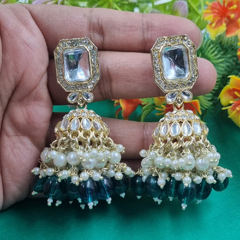 women’s pearl drop earrings-Gehana Mahal Gold Crystal Stone And Beads Jhumki Earrings