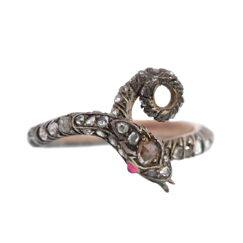 women’s silver stackable rings-Georgian 15k/Sterling Rose Cut Diamond Snake Ring