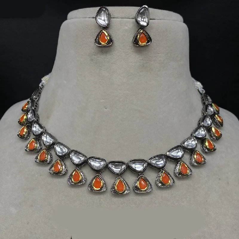 women’s gold-plated necklaces-Amoliya Jewels Black Polish Kundan Necklace Set