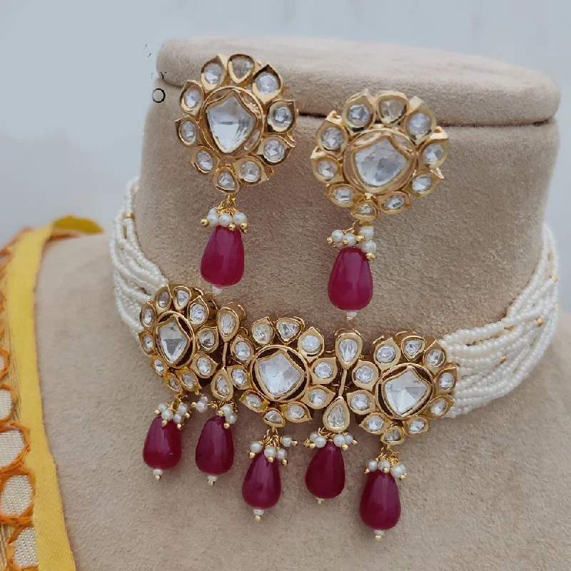 women’s trendy choker necklaces-Jewel Addiction Copper Gold Plated Polki Kundan And Pearls Kundan Necklace Set