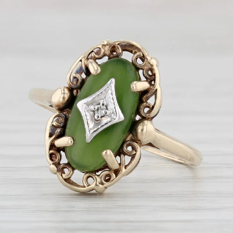 women’s vintage diamond engagement rings-Vintage Green Nephrite Jade Diamond Ring 10k Yellow Gold Size 6.25