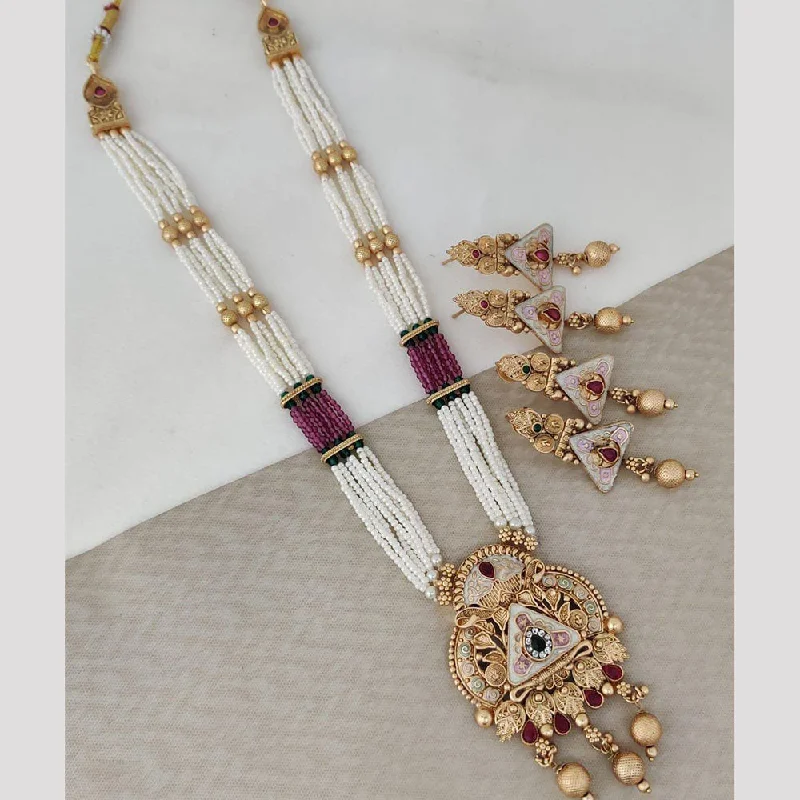 women’s gold-plated necklaces-Rani Sati Jewels Gold Plated Pota Stone And Pearl Long Necklace Set