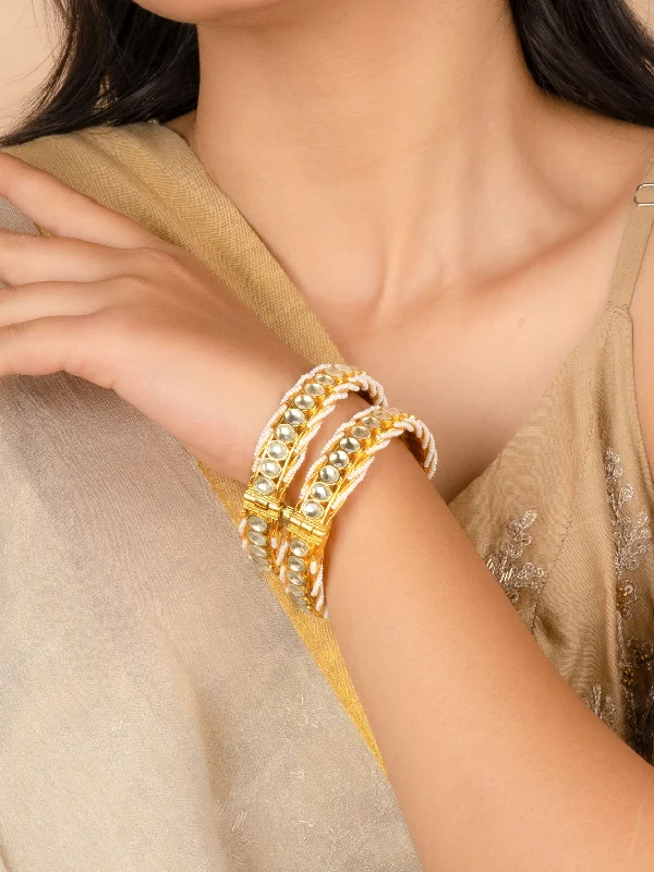 women’s boho bracelets-White Color Gold Plated Jadau Kundan Bangles - MB181Y