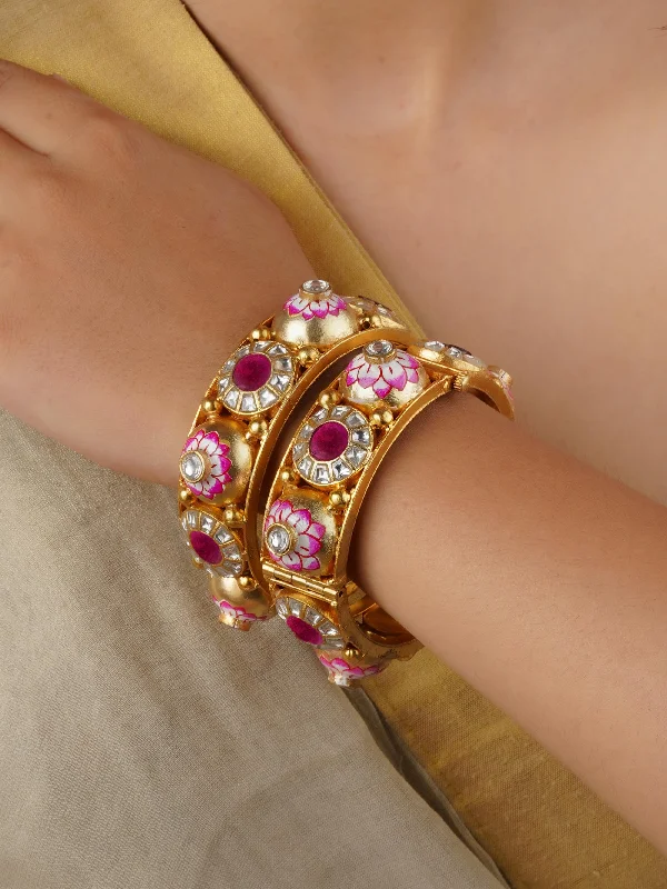 women’s designer bangles-Pink Color Gold Plated Thappa Jadau Kundan Bangles - TJ-B17P