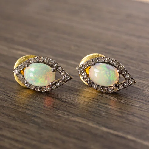 women’s 14k gold earrings-NATURAL OPAL DIAMONDS HALO STUD EARRINGS MARQUISE SHAPE SEEING EYE RUSTIC BOHO