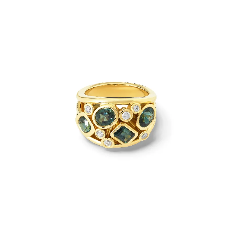 women’s gemstone wedding rings-Multi Aeneus Ring 18ct Yellow Gold - Green Sapphire & Diamond