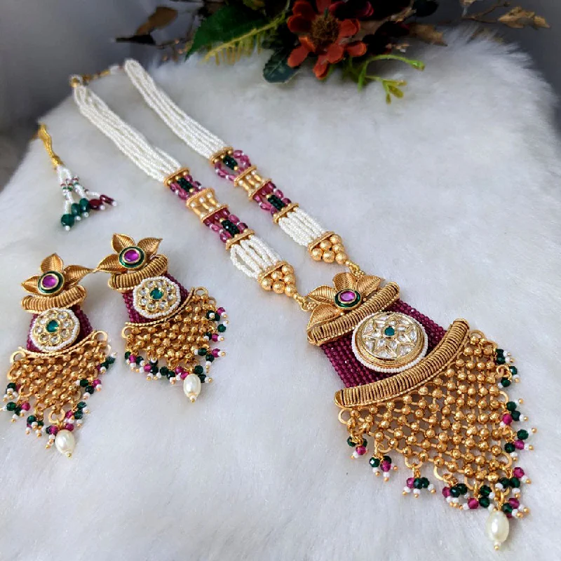 women’s layered gold necklaces-Aamrapali Gold Plated Pota Stone And Pearl Long Necklace Set