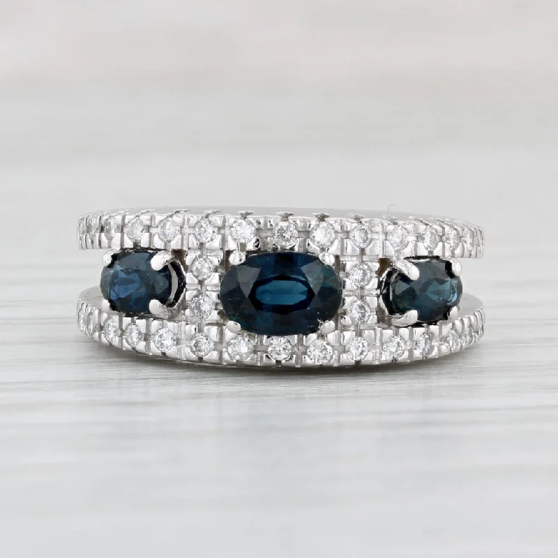 women’s modern engagement rings-1.75ctw 3-Stone Blue Sapphire Diamond Ring 14k White Gold Size 6.5