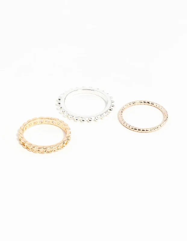 women’s pearl rings-Mixed Metal Chain Ring Stack