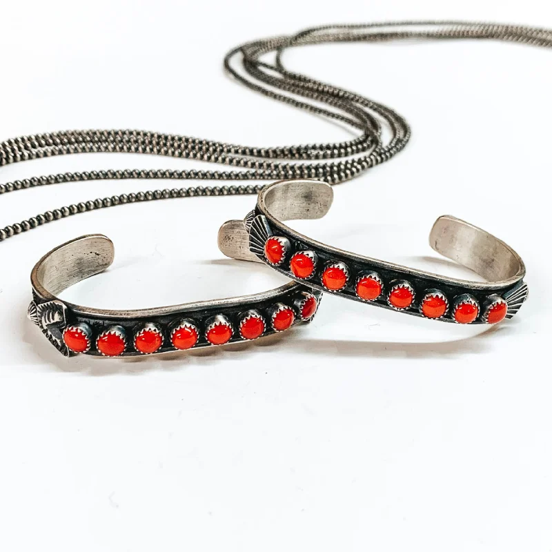 women’s romantic bracelets-Kevin Billah | Navajo Handmade Sterling Silver Cuff With Red Coral Circle Stones