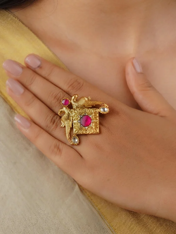 women’s engraved rings-Pink Color Gold Plated Thappa Jadau Kundan Ring - TJ-R62WP