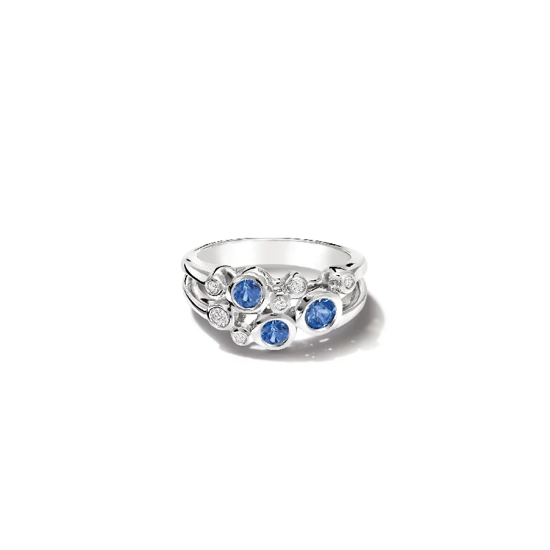 women’s double band rings-Cirkel Two Row Ring 18ct White Gold - Blue Sapphire & Diamond