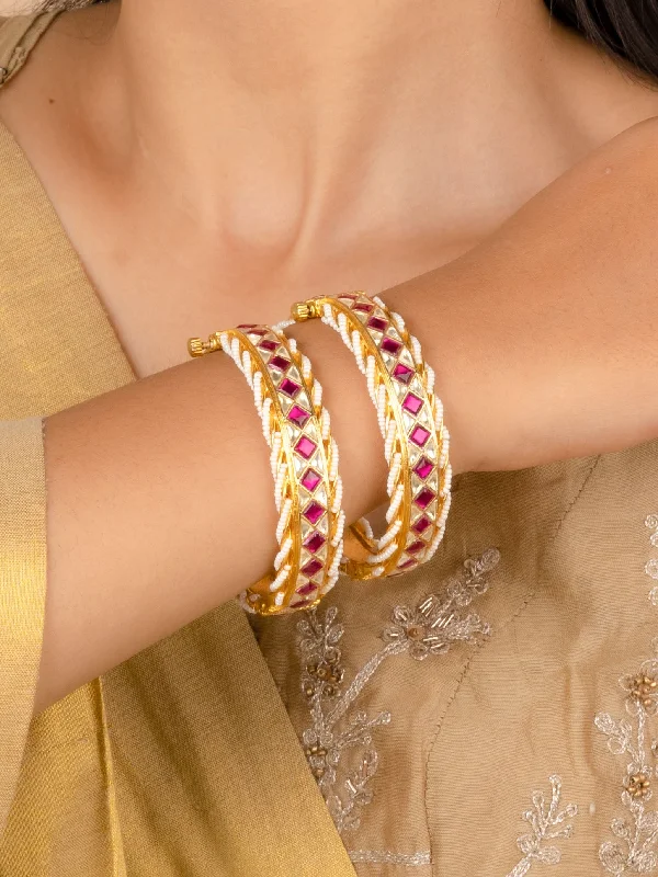 women’s friendship bracelets-Pink Color Gold Plated Jadau Kundan Bangles - MB180YP