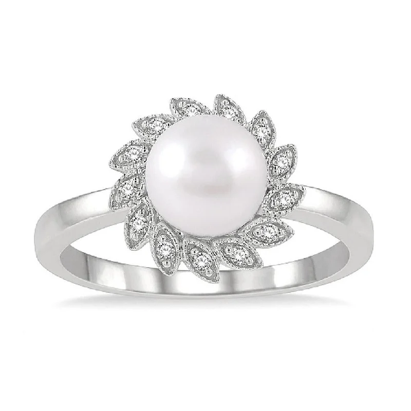 women’s romantic engagement rings with diamonds-10K White Gold Sunflower Pearl And Diamond Ring