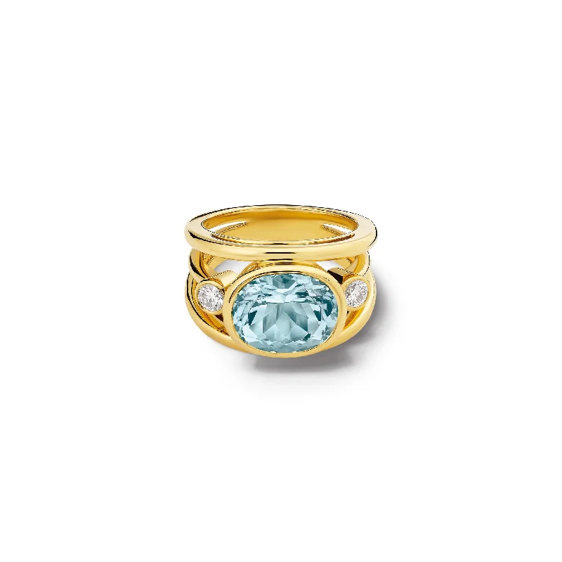 women’s classic rings-Aeneus Roman Ring 18ct Yellow Gold - Aquamarine & Diamond