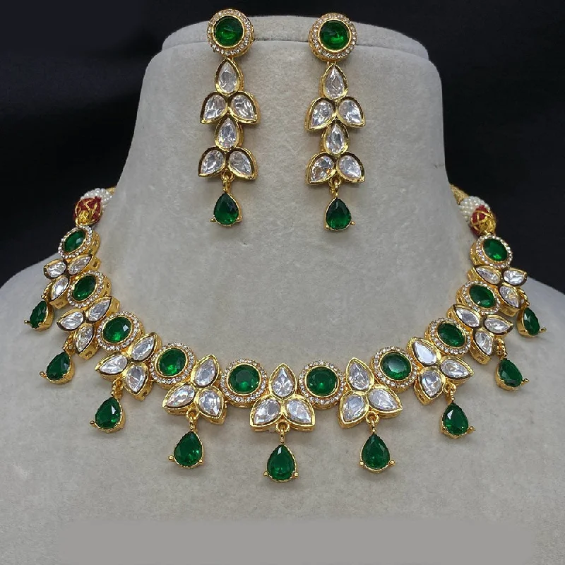 women’s elegant diamond necklaces-Royal Kundan Jewellery Gold Plated Polki Kundan And Austrian Stone Necklace Set